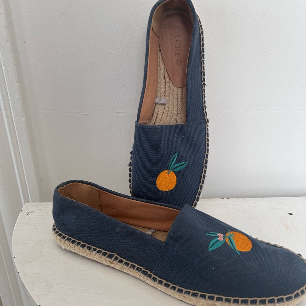 J Crew Embroidered Oranges Espadrilles AX845 Sz 10.5 Navy NWOT Fun Citrus SlipOn